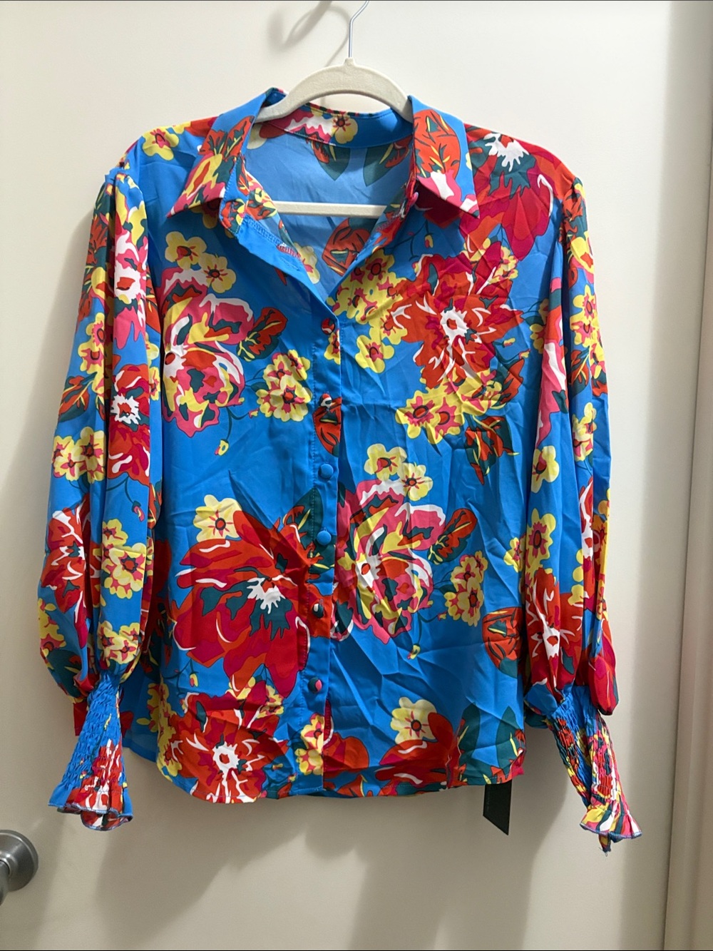 Bright Blue Floral Button-Down Blouse with Balloon Sleeves